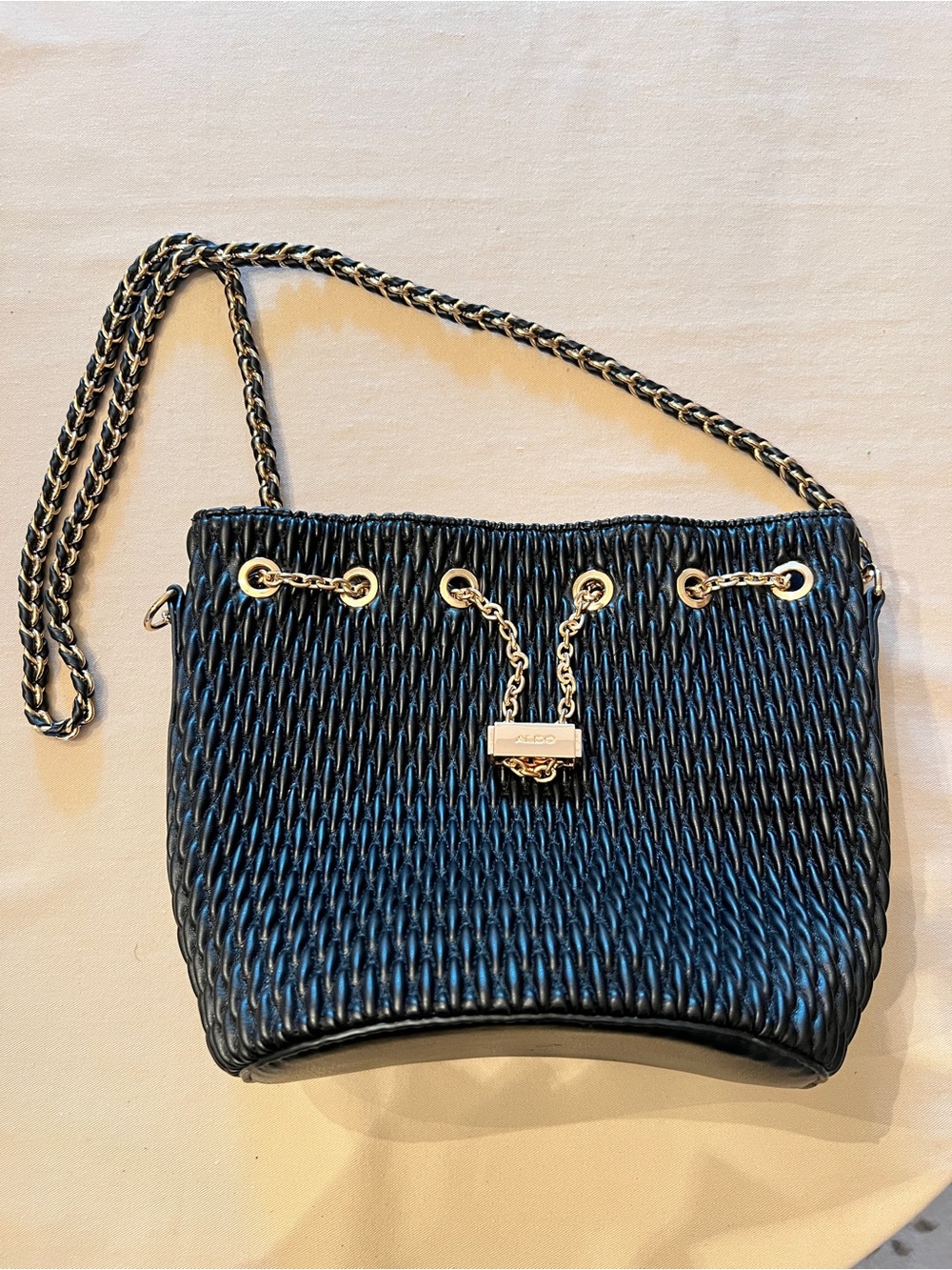 Aldo Black Woven Shoulder Bag with Gold Chain Accents